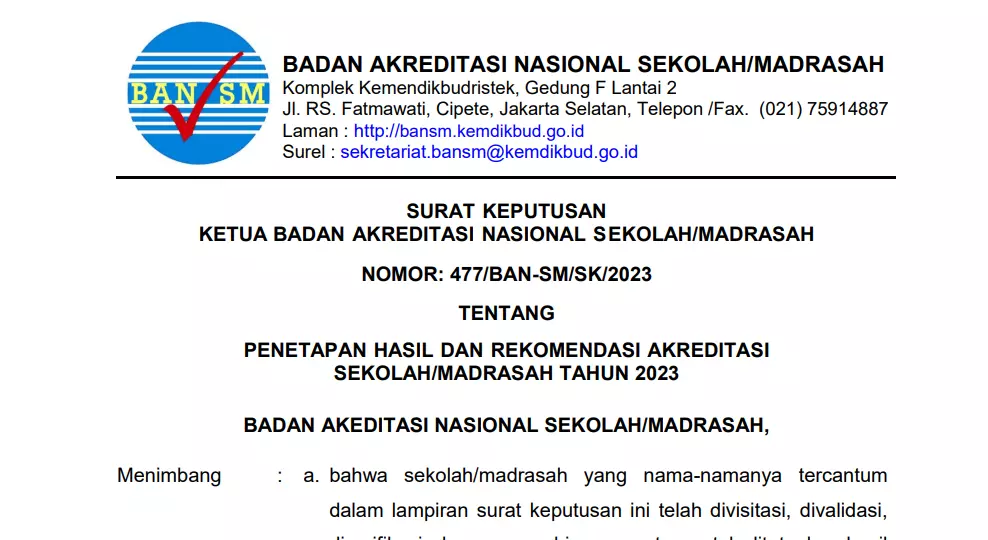 Pengumuman Lengkap Penetapan Hasil Akreditasi Sekolah Madrasah Tahun pdf